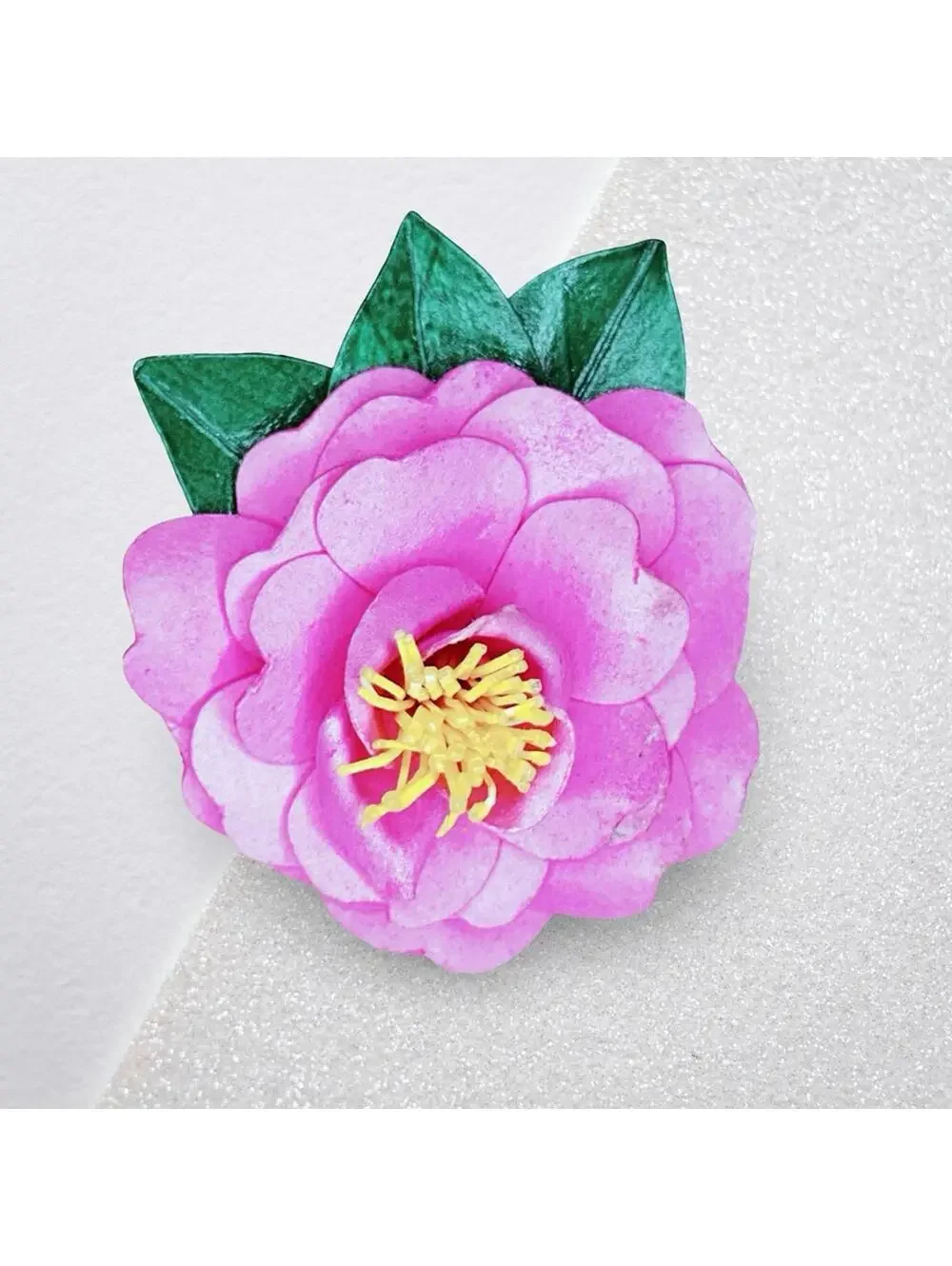 6872. Paper Handmade Pink Flower Brooch with Green Leaves